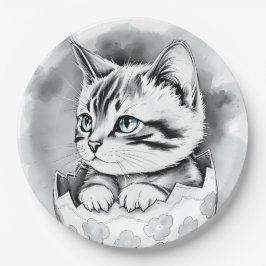 grillige paaskat in bloemeneierschaal papieren bordje