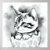 grillige paaskat in bloemeneierschaal poster (Voorkant)