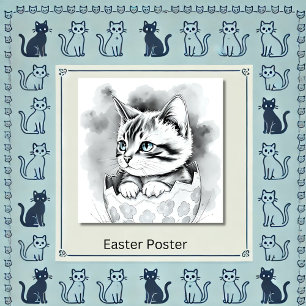 grillige paaskat in bloemeneierschaal poster