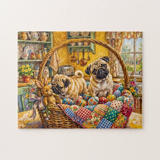 Grillige Paasmand Mops Hond Illustratie Legpuzzel (Horizontaal)