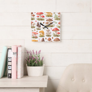 Grillige Paddenstoel Patroon – Vintage Botanisch Vierkante Klok