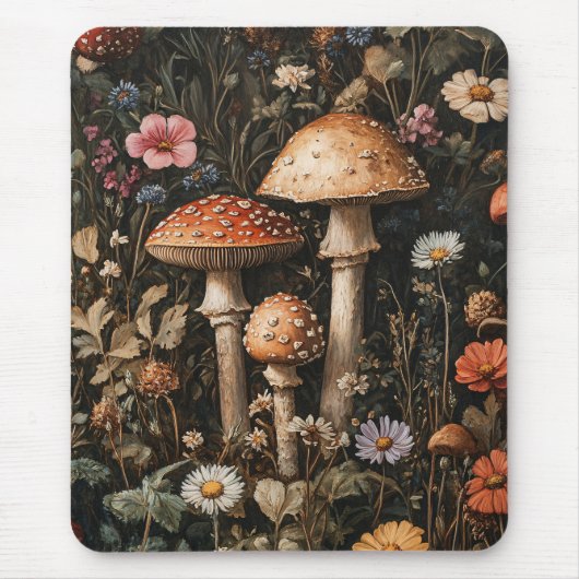 Grillige Paddenstoelen en Wilde Bloemen Botanisch Muismat (Voorkant)