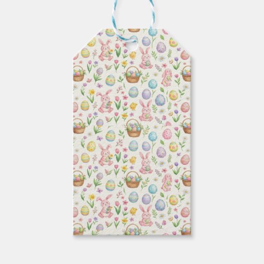 Grillige Pastel Paashaas & Bloemmotief Cadeaulabel (Voorkant)