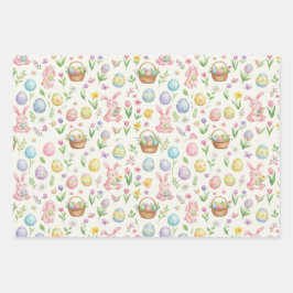 Grillige Pastel Paashaas & Bloemmotief Inpakpapier Vel