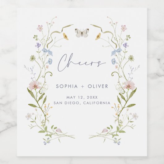 Grillige Pastelkleurige Wilde Bloemen Bruidsdiner Wijn Etiket (Enkel label)