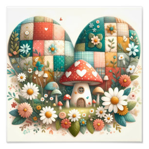 Grillige Patchwork Hart Paddenstoelhuis Foto Afdruk