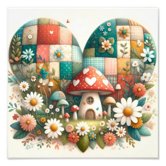 Grillige Patchwork Hart Paddenstoelhuis Foto Afdruk