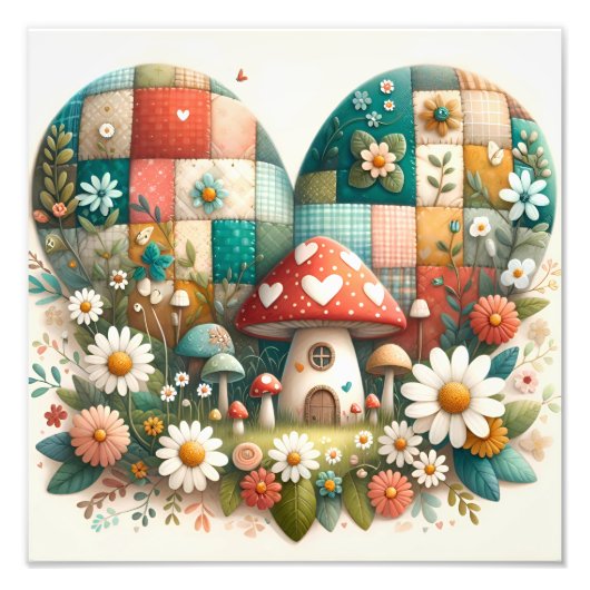 Grillige Patchwork Hart Paddenstoelhuis Foto Afdruk (Voorkant)