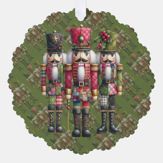 Grillige Patchwork Kerst Notenkraker Trio Ornament Kaart (Voorkant)