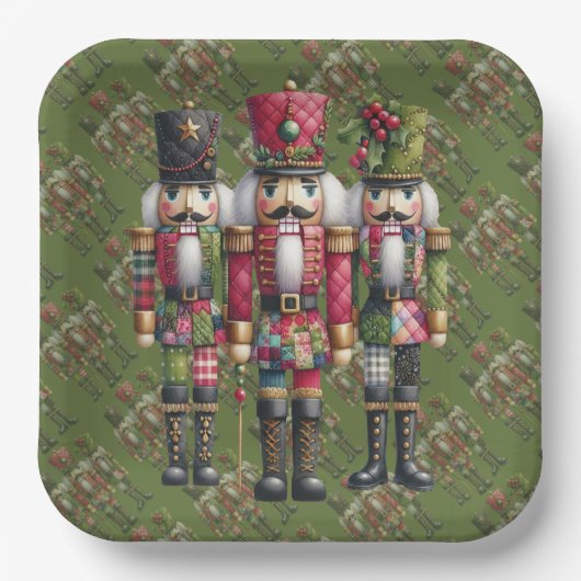 Grillige Patchwork Kerst Notenkraker Trio Papieren Bordje (Voorkant)