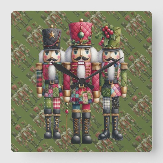Grillige Patchwork Kerst Notenkraker Trio Vierkante Klok (Voorkant)