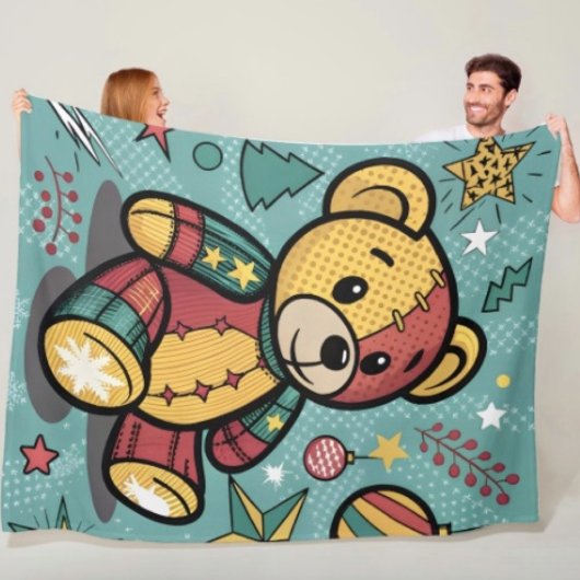 Grillige Patchwork Kerst Teddybeer Fleece Deken