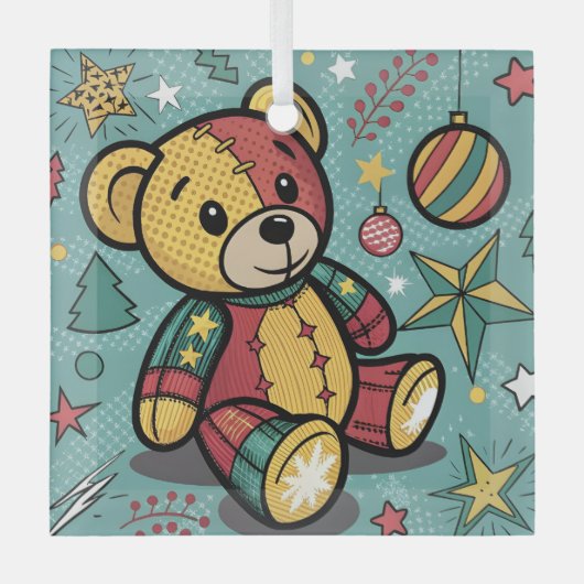 Grillige Patchwork Kerst Teddybeer Glas Ornament (Voorkant)