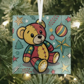 Grillige Patchwork Kerst Teddybeer Glas Ornament