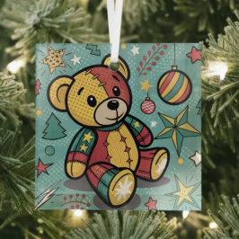 Grillige Patchwork Kerst Teddybeer Glas Ornament