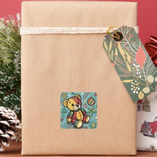 Grillige Patchwork Kerst Teddybeer Vierkante Sticker