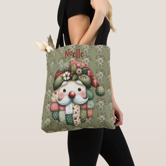 Grillige Patchwork Kerstman Folk Kerstmis Tote Bag (Dichtbij)