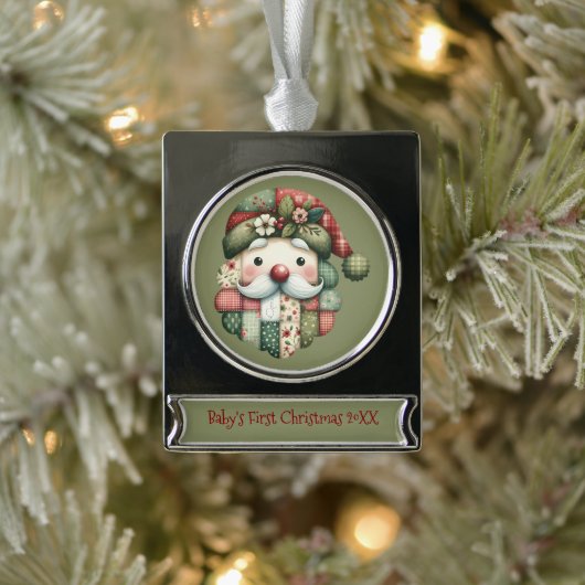Grillige Patchwork Kerstman Folk Kerstmis Verzilverd Banner Ornament (Boom)