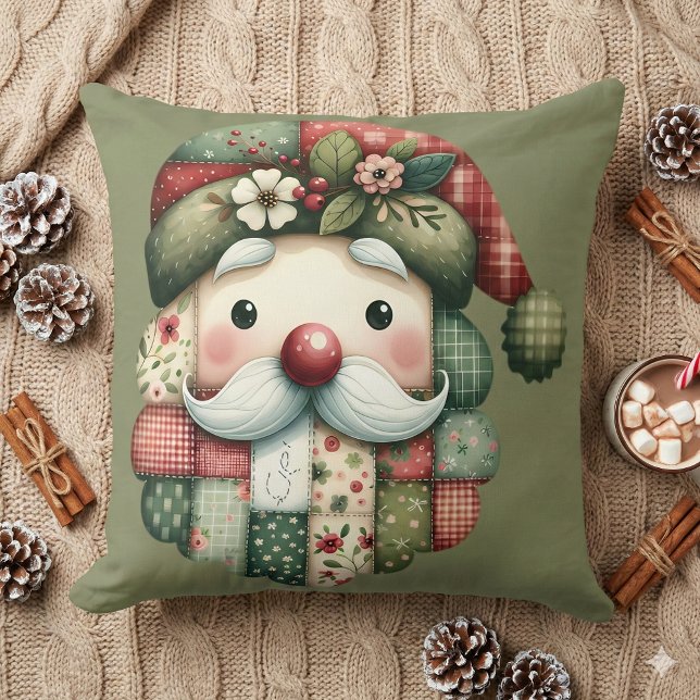 Grillige Patchwork Kerstman Volks Kerstfeest Kussen (Whimsical Patchwork Santa Folk Christmas Throw Pillow Mockup A)