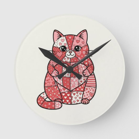 Grillige Patchwork Kitten met Hart Kunst Ronde Klok (Voorkant)