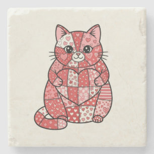 Grillige Patchwork Kitten met Hart Kunst Stenen Onderzetter