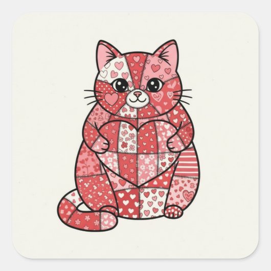 Grillige Patchwork Kitten met Hart Kunst Vierkante Sticker (Voorkant)