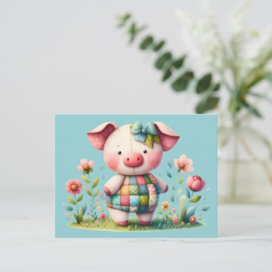 Grillige Patchwork Varken in Bloementuin Briefkaart (Staand voorkant)