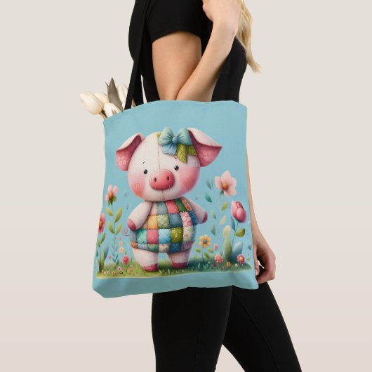 Grillige Patchwork Varken in Bloementuin Tote Bag (Dichtbij)