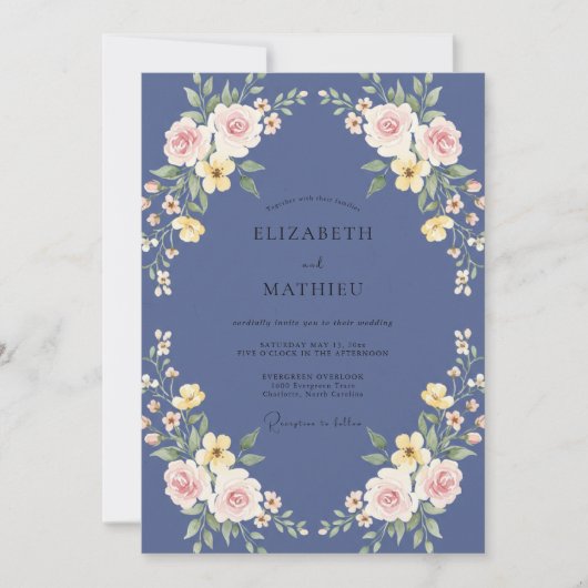Grillige Periwinkle Gele Wreath Bruiloft Kaart (Voorkant)