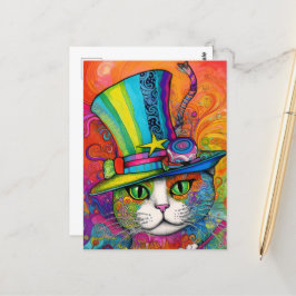 grillige psychedelische kleurrijke Kat in een toph Briefkaart