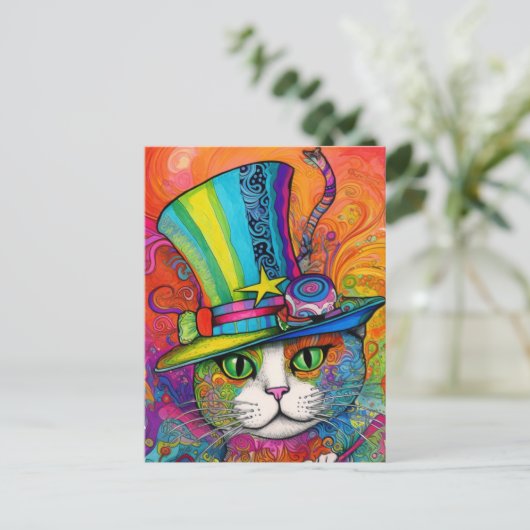 grillige psychedelische kleurrijke Kat in een toph Briefkaart (Staand voorkant)