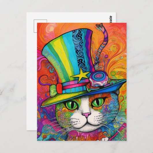 grillige psychedelische kleurrijke Kat in een toph Briefkaart (Voorkant / Achterkant)