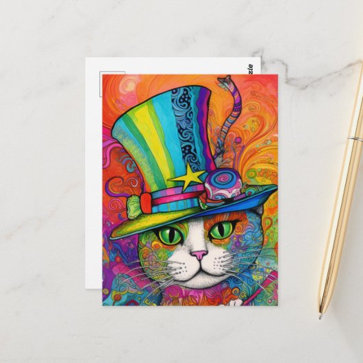 grillige psychedelische kleurrijke Kat in een toph Briefkaart (Voorkant / Achterkant in situ)