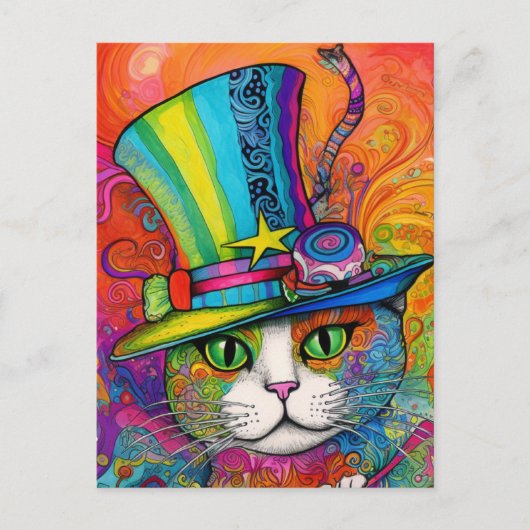 grillige psychedelische kleurrijke Kat in een toph Briefkaart (Voorkant)