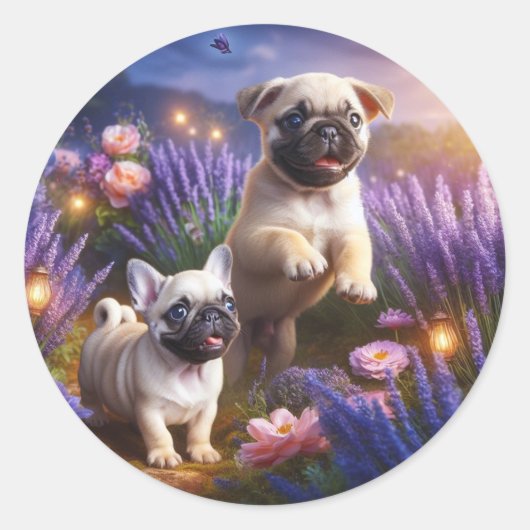 Grillige Pug en Frenchie Tuinsticker Ronde Sticker (Voorkant)