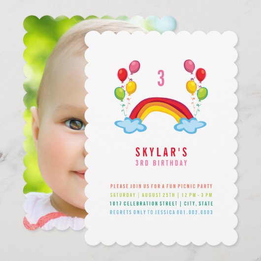 grillige regenboog en ballonnen meisje verjaardags kaart (Voorkant / Achterkant)