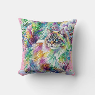 Grillige Regenboog Waterverf Fluffy Kat in Winter  Kussen