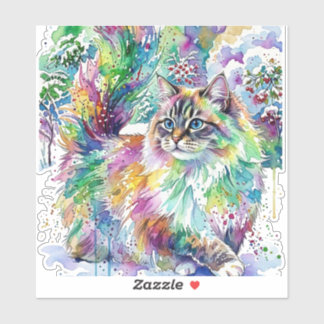 Grillige Regenboog Waterverf Fluffy Kat in Winter  Sticker