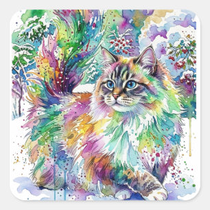 Grillige Regenboog Waterverf Fluffy Kat in Winter Vierkante Sticker