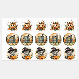 Grillige Retro Boho Halloween Heksenkatje, Labels