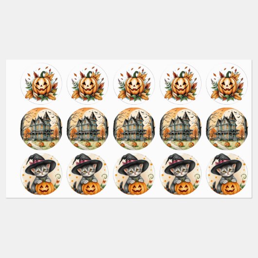 Grillige Retro Boho Halloween Heksenkatje, Labels (Vel)
