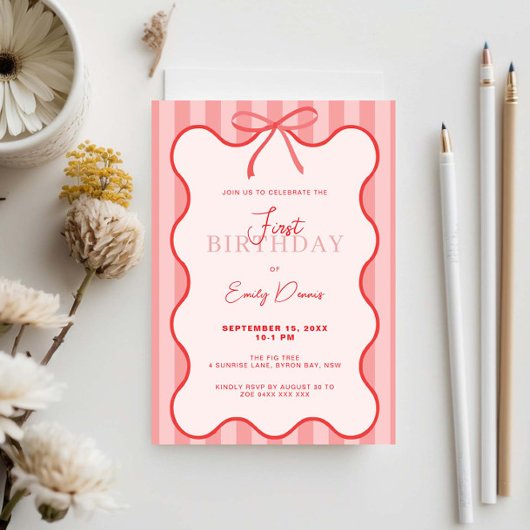 grillige retro border eerste verjaardag kaart