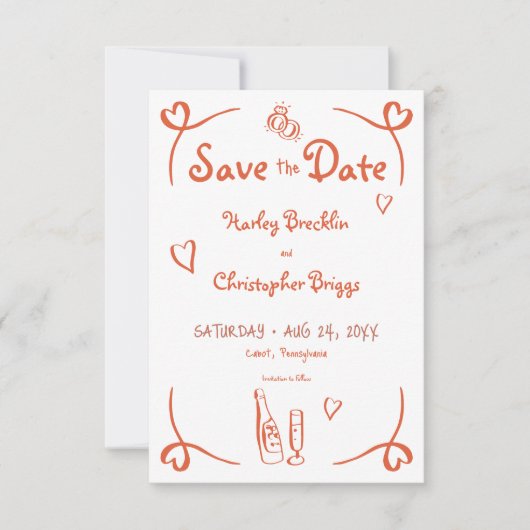 grillige retro handgetekende sunset Sinaasappel br Save The Date (Voorkant)