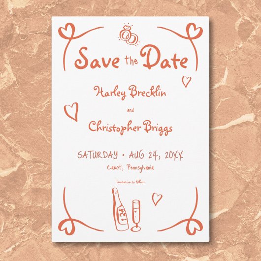 grillige retro handgetekende sunset Sinaasappel br Save The Date