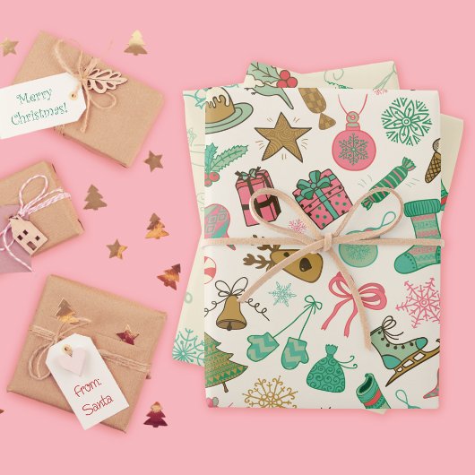 Grillige retro kerst doedels inpakpapier vel