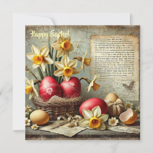 Grillige retro rode paaseieren narcissen feestdagenkaart (Voorkant)