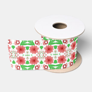Grillige rode bloemen groene bladeren op witte kun satijnen lint
