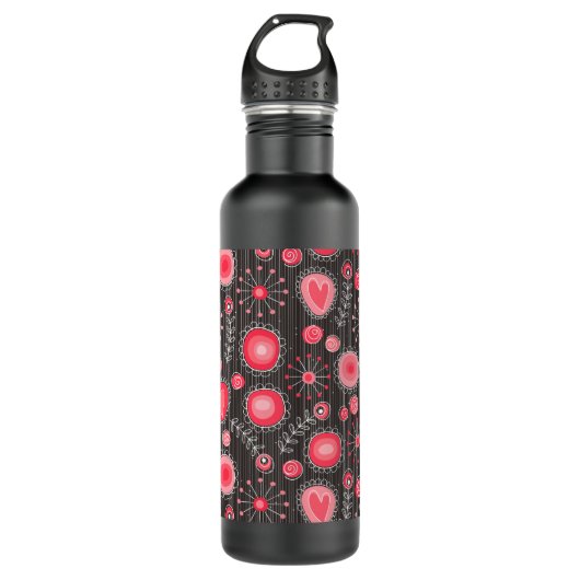 Grillige rode en grijze harten en bloemen bloemmot waterfles (Voorkant)