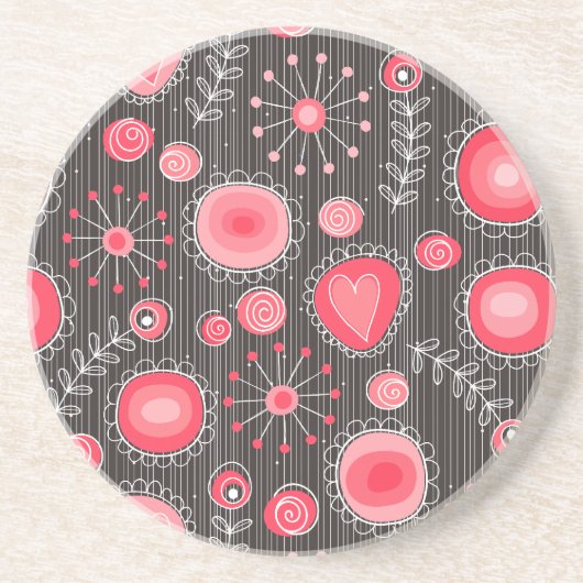 Grillige rode en grijze harten en bloemen bloemmot zandsteen onderzetter (Voorkant)