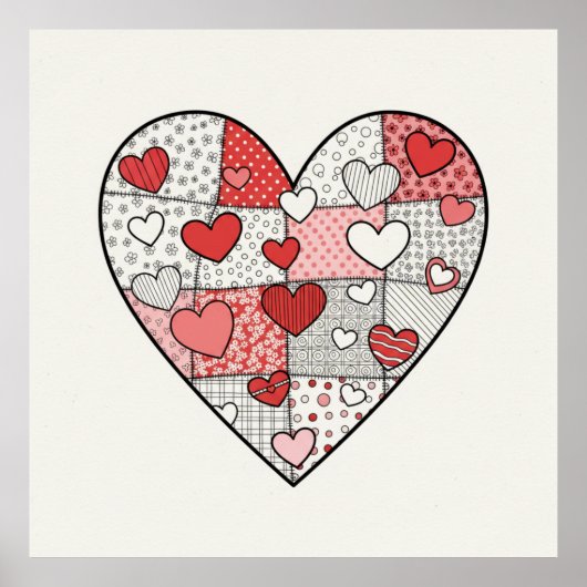 Grillige rode en roze patchwork hartcollagekunst poster (Voorkant)